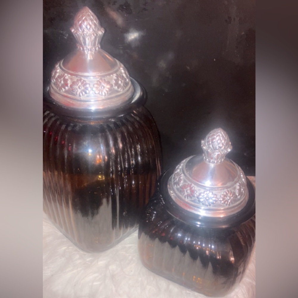 1 Lrg & 1sml Vintage ARTLAND AMBER GLASS canister w/Fleur de Lis Pewter Lids